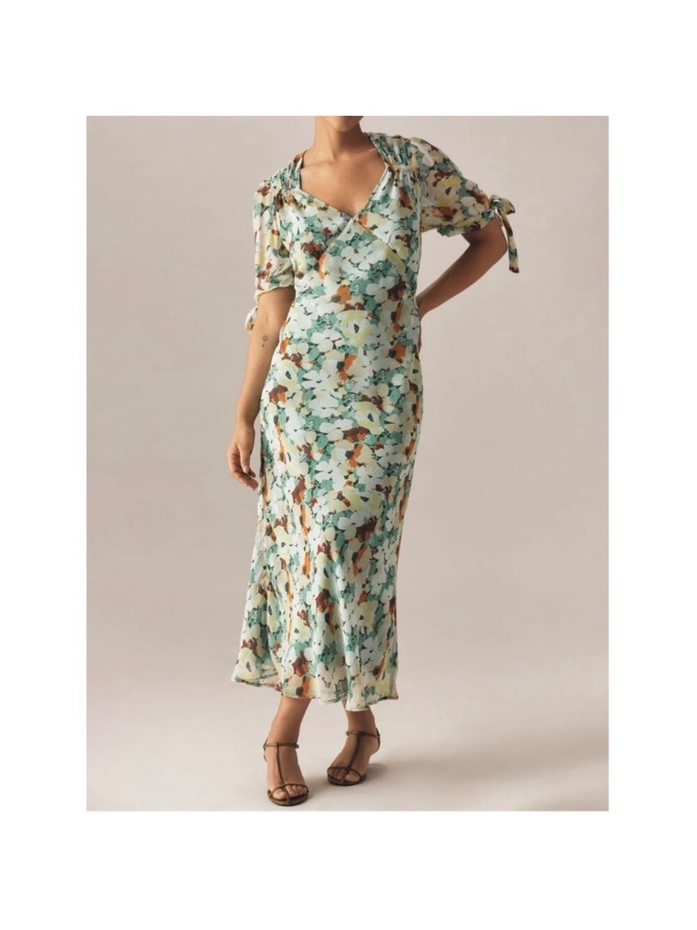 Anthropologie Mint Green Floral Midi Slip Dress